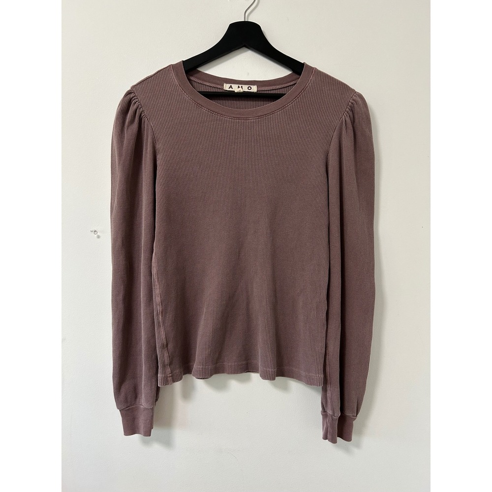 AMO Puff Sleeve Waffle Knit Thermal Top Women Size L Mauve Purple Minimalist